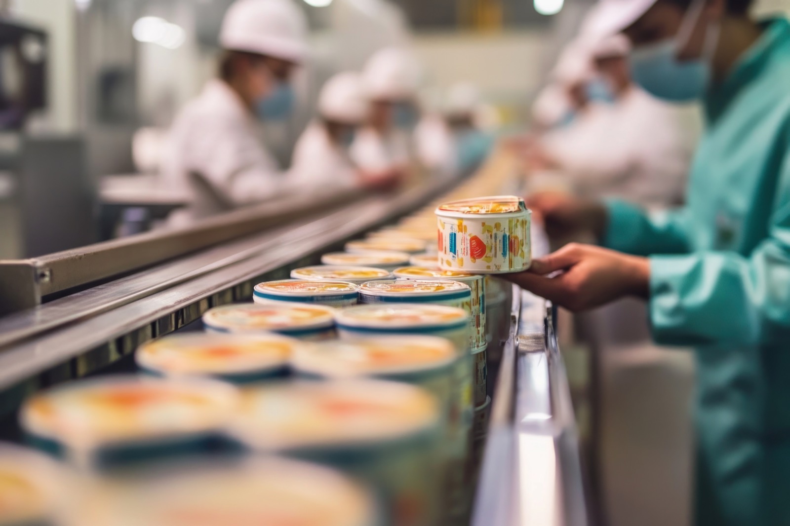Workers operating a food packaging line